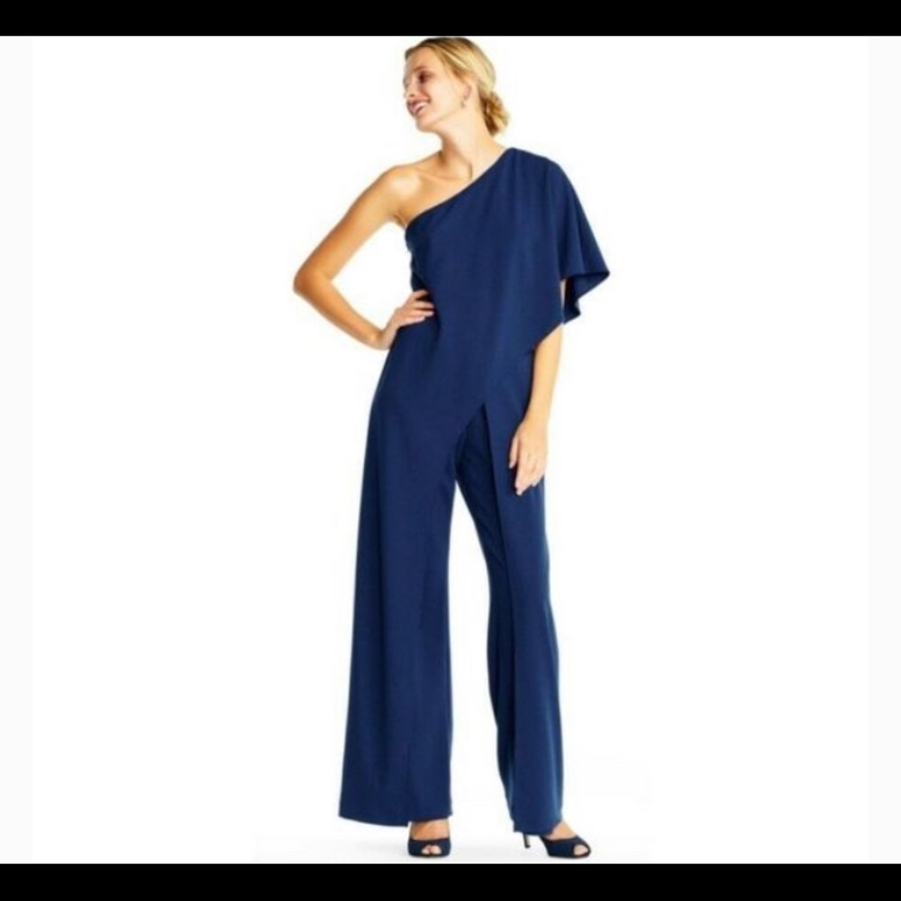 ADRIANNA PAPELL navy blue one shoulder jumpsuit with flutter sleeve size 8